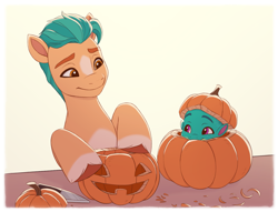 Size: 2161x1649 | Tagged: safe, artist:zephyrcrocus, hitch trailblazer, sparky sparkeroni, dragon, earth pony, pony, g5, baby, baby dragon, cel shading, cute, duo, duo male, father and child, father and son, halloween, holiday, jack-o-lantern, knife, looking at each other, looking at someone, male, papa hitch, pumpkin, pumpkin carving, shading, smiling, smiling at each other, sparkybetes, stallion, unshorn fetlocks