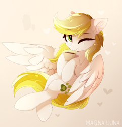 Size: 2945x3057 | Tagged: safe, artist:magnaluna, oc, oc only, oc:dandelion blossom, pegasus, pony, cheek fluff, coffee, coffee cup, cup, ear fluff, eyebrows, eyebrows visible through hair, female, flying, heart, high res, looking at you, mare, one eye closed, pegasus oc, smiling, smiling at you, solo, spread wings, tail, wings, wink, winking at you