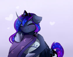 Size: 1883x1482 | Tagged: safe, artist:magnaluna, princess luna, alicorn, pony, g4, blanket, crown, curved horn, dragon egg, egg, eyes closed, eyeshadow, female, heart, hoof shoes, horn, jewelry, makeup, mare, princess shoes, regalia, snuggling, solo