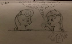 Size: 4032x2487 | Tagged: safe, artist:ponerr, bon bon, lyra heartstrings, sweetie drops, g4, bon bon is not amused, dialogue, drawing, female, lesbian, monochrome, pencil drawing, ship:lyrabon, shipping, signature, that pony sure does love humans, traditional art, unamused