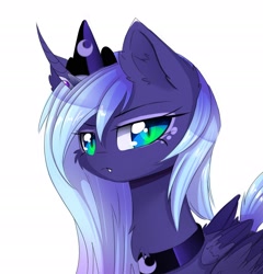 Size: 2400x2502 | Tagged: safe, artist:magnaluna, princess luna, alicorn, pony, g4, cheek fluff, crown, cute, cute little fangs, ear fluff, fangs, female, folded wings, high res, horn, jewelry, looking at you, mare, regalia, s1 luna, simple background, slit pupils, snaggletooth, solo, white background, wings