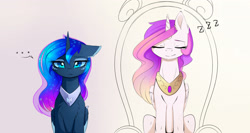 Size: 3250x1735 | Tagged: safe, artist:magnaluna, princess celestia, princess luna, alicorn, pony, g4, ..., chest fluff, colored wings, colored wingtips, duo, duo female, ear fluff, ethereal mane, eyelashes, eyes closed, female, floppy ears, folded wings, front view, frown, galaxy mane, high res, horn, lidded eyes, mare, onomatopoeia, peytral, royal sisters, siblings, simple background, sisters, sitting, sleeping, snoring, sound effects, throne, unamused, white background, wing fluff, wings, zzz