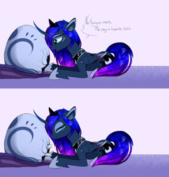 Size: 2536x2658 | Tagged: safe, artist:magnaluna, princess luna, oc, oc:zefiroth, alicorn, dragon, pony, g4, 2 panel comic, baby, baby dragon, colored wings, colored wingtips, comic, concave belly, crown, curved horn, cute, dragon egg, dragon oc, egg, eyes closed, eyeshadow, female, fluffy, folded wings, hoof shoes, horn, implied canon x oc, implied shipping, jewelry, lying down, makeup, mare, non-pony oc, open mouth, peytral, princess shoes, prone, regalia, slender, smiling, spanish, tail, thin, translated in the comments, wings