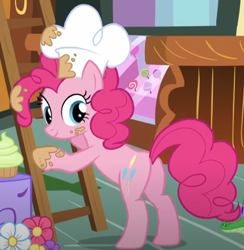 Size: 524x536 | Tagged: safe, screencap, gummy, pinkie pie, alligator, earth pony, pony, g4, my little pony: friendship is magic, the one where pinkie pie knows, balloonbutt, bipedal, butt, chef's hat, cropped, female, hat, indoors, ladder, looking back, mare, plot, solo, sugarcube corner