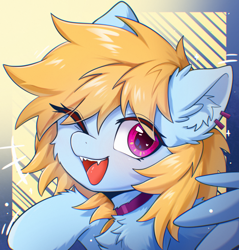 Size: 2344x2454 | Tagged: safe, artist:gale spark, oc, oc only, oc:gale spark, pegasus, abstract background, chest fluff, ear fluff, open mouth, open smile, smiling, solo