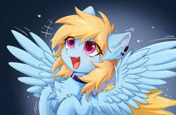 Size: 2732x1792 | Tagged: safe, artist:gale spark, oc, oc only, oc:gale spark, pegasus, abstract background, chest fluff, choker, open mouth, open smile, smiling, solo, wings