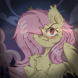 Size: 1280x1280 | Tagged: safe, fluttershy, bat pony, pegasus, background, bat ponified, bat wings, digital art, fangs, flutterbat, folded wings, hair over one eye, race swap, smiling, wings