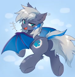 Size: 1990x2034 | Tagged: safe, artist:gale spark, oc, oc only, oc:maple night, bat pony, pony, abstract background, chest fluff, flying, open mouth, open smile, smiling, solo