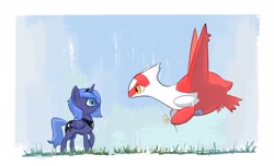 Size: 2287x1391 | Tagged: safe, artist:zero054751, princess luna, alicorn, latias, pony, female, filly, filly luna, flower, foal, grass, legendary pokémon, looking at you, passepartout, pokémon, sky, woona, younger