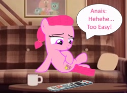 Size: 2566x1893 | Tagged: safe, artist:memeartboi, earth pony, pony, g4, anais watterson, couch, cup, daisy the donkey, female, filly, foal, indoors, living room, mischievous, ponified, remote, remote control, sitting, sitting on couch, smiling, solo, speech bubble, table, teacup, text, the amazing world of gumball