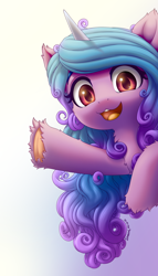 Size: 3200x5600 | Tagged: safe, artist:symbianl, izzy moonbow, pony, unicorn, g5, female, hoof fluff, horn, looking at you, mare, open mouth, open smile, scene interpretation, smiling, smiling at you, solo, underhoof