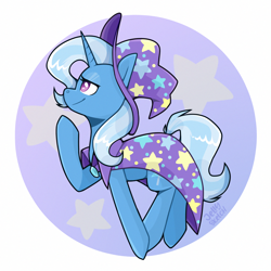 Size: 2894x2894 | Tagged: safe, artist:jellysketch, trixie, pony, unicorn, g4, brooch, cape, clothes, female, hat, high res, horn, jewelry, mare, raised hoof, smiling, solo, trixie's brooch, trixie's cape, trixie's hat