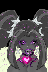 Size: 2000x3000 | Tagged: safe, artist:annon, aria blaze, human, siren, g4, big lips, bimbo, bimbo aria, ear piercing, eyeshadow, fangs, glitter, humanized, jewelry, lipstick, looking at you, makeup, open mouth, piercing, purple eyeshadow, purple lipstick, slit pupils, solo, tongue out