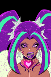 Size: 2000x3000 | Tagged: safe, artist:annon, aria blaze, human, siren, g4, big lips, bimbo, bimbo aria, ear piercing, eyeshadow, fangs, glitter, humanized, jewelry, lipstick, looking at you, makeup, open mouth, piercing, purple eyeshadow, purple lipstick, slit pupils, solo, tongue out