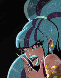 Size: 1945x2479 | Tagged: safe, artist:annon, sonata dusk, human, siren, g4, arm band, big lips, bimbo, bimbo sonata, blue eyeshadow, blue lipstick, ear piercing, eyeshadow, fangs, glitter, humanized, jewelry, lipstick, long nails, looking at you, makeup, open mouth, piercing, scrunchie, slit pupils, solo, tongue out, tongue piercing