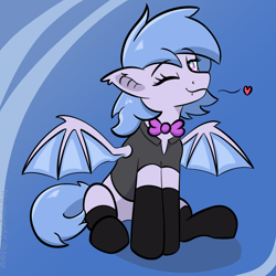 Size: 1320x1320 | Tagged: safe, artist:harmonicglow, oc, oc only, oc:lucky roll, bat pony, bat pony oc, bat wings, bowtie, clothes, female, mare, one eye closed, socks, spread wings, wings, wink