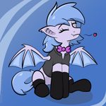 Size: 1320x1320 | Tagged: safe, artist:harmonicglow, oc, oc only, oc:lucky roll, bat pony, pony, bat pony oc, bat wings, bowtie, clothes, female, mare, one eye closed, socks, spread wings, wings, wink