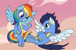 Size: 1280x835 | Tagged: safe, artist:mrsdashskies, rainbow dash, soarin', pegasus, pony, clothes, female, flying, looking at each other, looking at someone, male, mare, ship:soarindash, shipping, smiling, smiling at each other, stallion, straight, uniform, wonderbolts, wonderbolts uniform