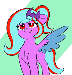 Size: 3303x3427 | Tagged: safe, artist:riley_draws_, oc, oc only, oc:star beats, pegasus, pony, birthday gift art, chest fluff, cute, cyan mane, gift art, pegasus oc, pegasus wings, pose, purple coat, red eyes, smiling, smirk, solo, two toned background, wings