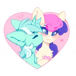 Size: 1026x1027 | Tagged: safe, artist:shooshaa, bon bon, lyra heartstrings, sweetie drops, earth pony, pony, unicorn, g4, cheek kiss, duo, female, floating heart, heart, heart eyes, horn, kissing, lesbian, mare, ship:lyrabon, shipping, wingding eyes