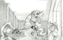 Size: 1300x816 | Tagged: safe, artist:baron engel, applejack, princess luna, alicorn, earth pony, pony, g4, female, mare, monochrome, pencil drawing, traditional art