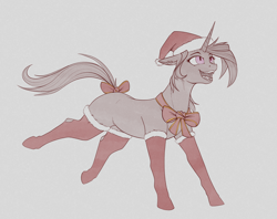 Size: 2400x1900 | Tagged: safe, artist:stray prey, oc, oc only, oc:acidia, pony, unicorn, bow, christmas, clothes, hat, holiday, horn, santa hat, socks, solo, tail, tail bow, unicorn oc