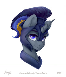 Size: 1094x1280 | Tagged: safe, artist:shooshaa, oc, oc only, pony, unicorn, bust, commission, helmet, horn, male, peytral, portrait, simple background, stallion, white background