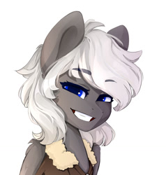 Size: 1216x1280 | Tagged: safe, artist:shooshaa, oc, oc only, pegasus, pony, bust, clothes, commission, eyebrows, eyebrows visible through hair, female, grin, jacket, mare, portrait, simple background, smiling, white background