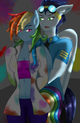 Size: 781x1200 | Tagged: safe, artist:frost flame, rainbow dash, soarin', pegasus, anthro, fanfic:rainbow factory, g4, belly, belly button, fanfic art, female, male, mare, midriff, ship:soarindash, shipping, stallion, straight