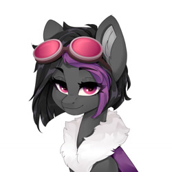 Size: 1280x1280 | Tagged: safe, artist:shooshaa, oc, oc only, oc:mimicry, pony, bust, eyebrows, eyebrows visible through hair, female, goggles, goggles on head, mare, portrait, purple changeling, simple background, solo, white background