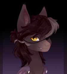 Size: 1152x1280 | Tagged: safe, artist:shooshaa, oc, oc only, bat pony, pony, bust, commission, ear tufts, eyepatch, fangs, gradient background, portrait, slit pupils, solo