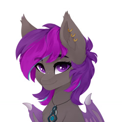 Size: 1280x1280 | Tagged: safe, artist:shooshaa, oc, oc only, oc:platinum wing, bat pony, pony, bust, commission, ear piercing, earring, female, freckles, jewelry, mare, necklace, piercing, portrait, simple background, solo, white background