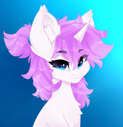 Size: 1236x1280 | Tagged: safe, artist:shooshaa, oc, oc only, oc:bubblegum, pony, unicorn, bust, chest fluff, commission, eye clipping through hair, eyebrows, eyebrows visible through hair, female, gradient background, horn, mare, portrait, solo