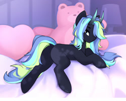 Size: 2149x1715 | Tagged: safe, artist:shooshaa, oc, oc only, pony, bed, commission, female, hair over one eye, horns, indoors, lying down, mare, pillow, plushie, prone, solo, teddy bear