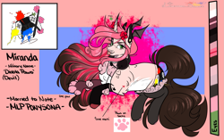 Size: 1915x1200 | Tagged: safe, artist:legendaryshadee, oc, oc:miranda, pony, unicorn, clothes, fangs, female, headphones, horn, mare, ponysona, reference sheet, socks, solo, tongue out