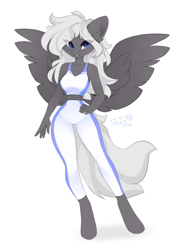 Size: 1470x2000 | Tagged: safe, artist:shooshaa, oc, oc only, oc:silver bullet, pegasus, anthro, unguligrade anthro, breasts, commission, female, mare, rule 63, simple background, solo, spread wings, white background, wings, workout outfit