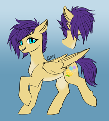 Size: 1884x2092 | Tagged: safe, artist:soff, oc, oc only, oc:lemon party, pegasus, pony, cutie mark, cyan eyes, female, folded wings, gradient background, mare, pegasus oc, purple mane, reference sheet, short mane, slit pupils, solo, walking, wings, yellow coat