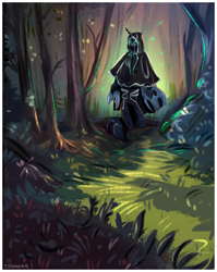 Size: 1714x2149 | Tagged: safe, artist:toondra, queen chrysalis, changeling, changeling queen, anthro, unguligrade anthro, g4, cloak, clothes, female, forest, glowing, glowing eyes, nature, outdoors, solo, tree