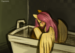 Size: 2266x1626 | Tagged: safe, artist:toondra, fluttershy, pegasus, anthro, bathtub, female, sitting, solo