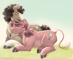 Size: 2100x1700 | Tagged: safe, artist:misscinnabunnie, oc, oc only, earth pony, pony, unicorn, beard, blushing, drool, duo, facial hair, female, horn, horn ring, jewelry, leonine tail, lying down, male, mare, moustache, necklace, oc x oc, outdoors, prone, ring, shipping, sleeping, stallion, straight, tail, unshorn fetlocks