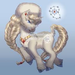 Size: 1020x1020 | Tagged: safe, artist:misscinnabunnie, oc, oc only, pony, unicorn, adoptable, braid, braided tail, chest fluff, ear piercing, earring, female, hat, horn, horn jewelry, horn ring, jewelry, mare, necklace, obtrusive watermark, peytral, piercing, reference sheet, ring, tail, unshorn fetlocks, watermark