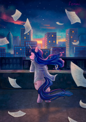 Size: 2186x3092 | Tagged: safe, artist:fomminator, twilight sparkle, pony, unicorn, bipedal, city, cityscape, clothes, eyes closed, fanfic art, female, lab coat, mare, paper, skyline, solo, unicorn twilight, windswept mane