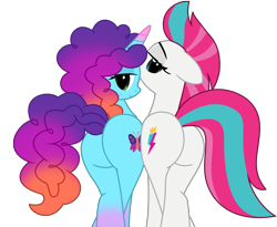 Size: 7960x6540 | Tagged: safe, artist:ejlightning007arts, artist:lilylocket, misty brightdawn, zipp storm, pegasus, pony, unicorn, g4, g5, butt, butt to butt, butt touch, coat markings, duo, female, freckles, g5 to g4, generation leap, horn, lesbian, looking back, mare, mistybutt, plot, plot pair, presenting, rebirth misty, seductive, sexy, ship:dawnstorm, shipping, simple background, transparent background, vector, zippbutt