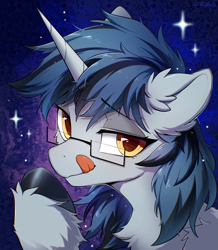 Size: 2201x2526 | Tagged: safe, artist:gale spark, oc, oc only, pony, unicorn, abstract background, bust, chest fluff, ear fluff, eyebrows, eyebrows visible through hair, floppy ears, glasses, horn, male, male oc, smiling, solo, stallion oc, tongue out, unshorn fetlocks