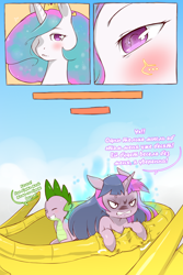 Size: 1600x2400 | Tagged: safe, artist:cold-blooded-twilight, edit, princess celestia, spike, twilight sparkle, alicorn, dragon, pony, unicorn, cold blooded twilight, comic:cold storm (ru), g4, alternate design, angry, chariot, comic, explicit source, holy shit quotient, horn, super strength, translation, unicorn twilight