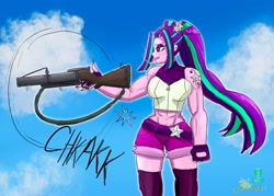 Size: 2732x1951 | Tagged: safe, artist:lordshrekzilla20, aria blaze, equestria girls, g4, aria brute, black lagoon, cigarette, female, grenade launcher, m79, muscles, onomatopoeia, revy, signature, solo, sound effects, weapon