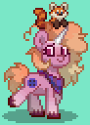 Size: 736x1024 | Tagged: safe, oc, oc only, oc:elsie moonarch, pony, red panda, unicorn, pony town, g5, bandana, digital art, female, gradient hair, gradient mane, gradient tail, green background, hooves, horn, looking back, magenta eyes, mare, orange hair, orange mane, orange tail, pink coat, pixel art, raised hoof, simple background, solo, tail, unicorn oc, walking, yellow hair, yellow mane