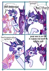 Size: 1431x2048 | Tagged: safe, artist:whimday, rarity, sweetie belle, twilight sparkle, alicorn, pony, unicorn, g4, alternate design, comic, dialogue, female, filly, flirting, foal, horn, lesbian, mare, meme, ponified meme, pronouns, redraw, ship:rarilight, shipping, siblings, sisters, speech bubble, twilight sparkle (alicorn)