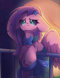 Size: 1950x2550 | Tagged: safe, artist:miryelis, fluttershy, butterfly, pegasus, pony, g4, my little pony: friendship is magic, the best night ever, clothes, crying, dress, gala dress, long hair, looking up, night, sad, sitting, solo