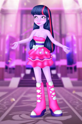 Size: 828x1241 | Tagged: safe, artist:ronaldanthony4, twilight sparkle, human, equestria girls, g4, bare shoulders, boots, canterlot high, clothes, fall formal outfits, high heel boots, indoors, shoes, signature, sleeveless, solo, strapless